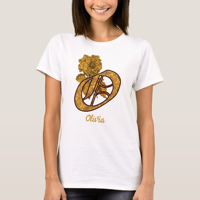 Camiseta Monogram Initial O Gold Peony Personalized (Frente)