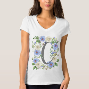 Camiseta Monograma Alfabeto A Aquarela Rosas Azuis Floral