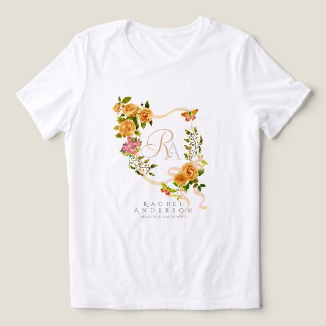 Camiseta Monograma Chic da Faixa de Rosa Dourada (Design frontal)