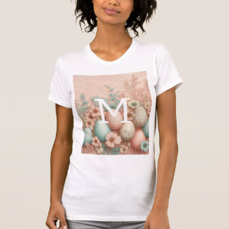 Camiseta Monograma, cor-de-rosa, ovos de Páscoa e flores