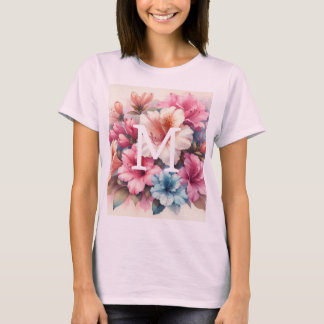 Camiseta Monograma de aquarela floral com azáleas rosa e az
