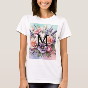 Camiseta Monograma de aquarela floral com flores rosa roxo