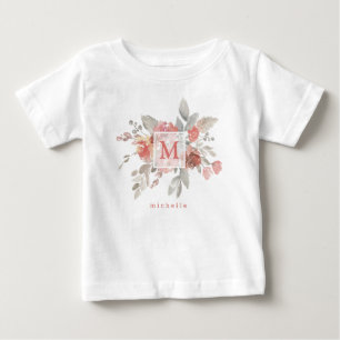 Camiseta Monograma de Aquarela Floral Cor-de-Rosa Escamosa