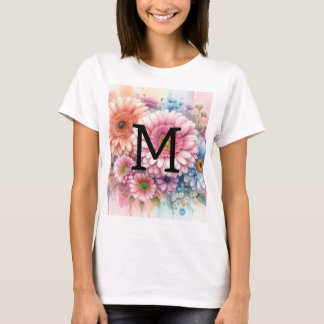 Camiseta Monograma de aquarela floral margaridas gerbera ro