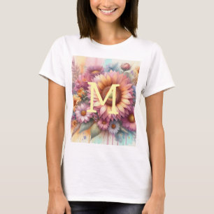 Camiseta Monograma de aquarela flórica cor de rosa girassol