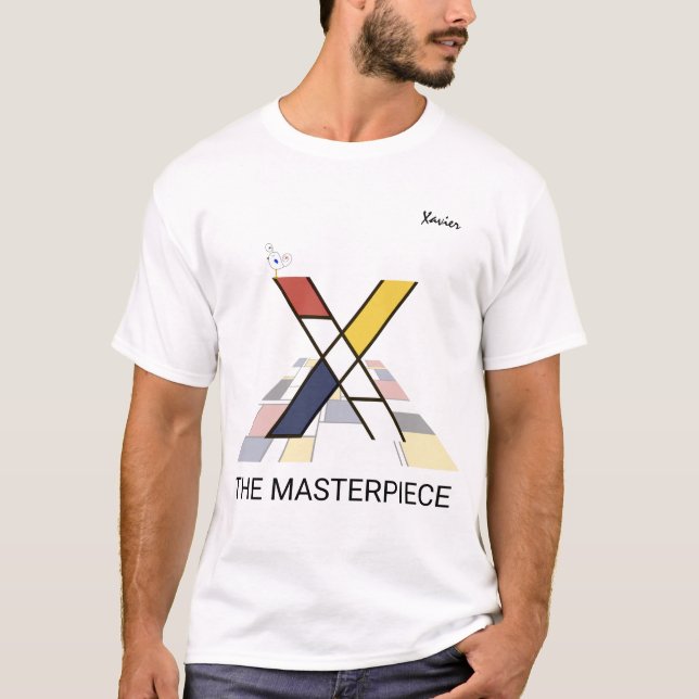 Camiseta Monograma de Arte Moderna e Pássaro Cuto - Letra " (Frente)