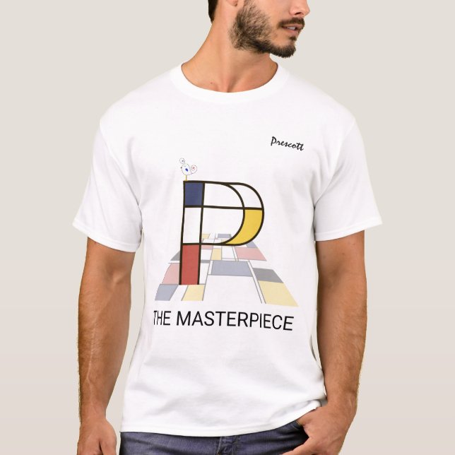 Camiseta Monograma de Arte Moderna e Pássaro Cuto - Letra " (Frente)