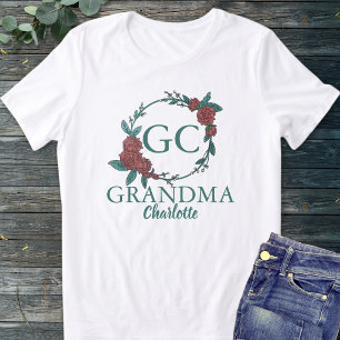 Camiseta Monograma de Nome de Avó Floral Rosa Verde e Verme