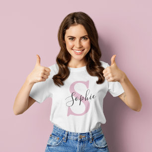 Camiseta Monograma de Nome Personalizado Moderno - Rosa