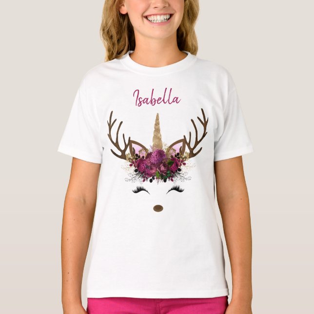 Camiseta Monograma Dourado Cor-de-Rosa Escuro Reindeer do U (Frente)