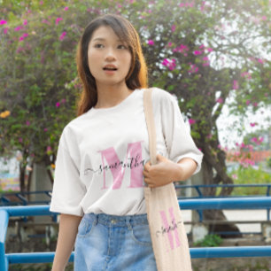 Camiseta Monograma Feminino Rosa Claro e Pontilhado
