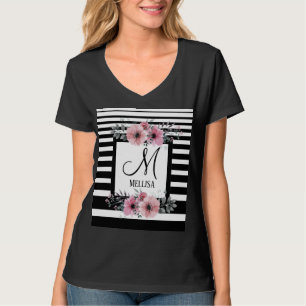 Camiseta Monograma Floral Cor-de-rosa com faixas brancas e