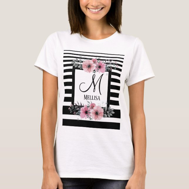 Camiseta Monograma Floral Cor-de-rosa com faixas brancas e  (Frente)