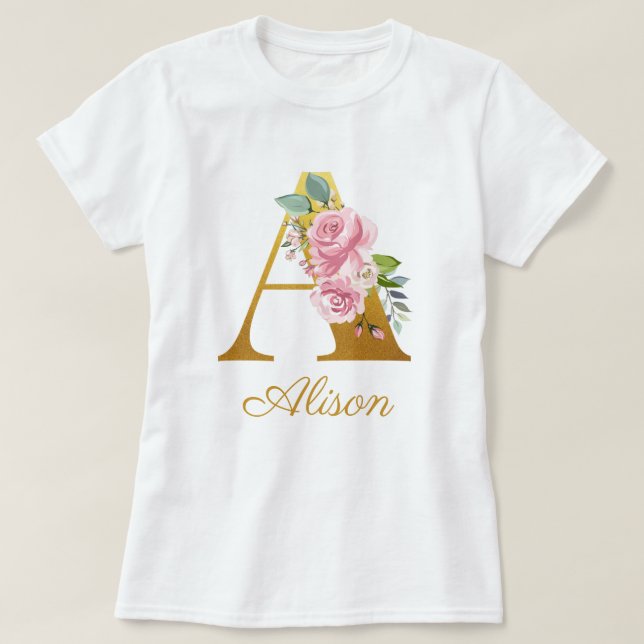 Camiseta Monograma Floral Nome Personalizado Inicial Botâni (Frente do Design)