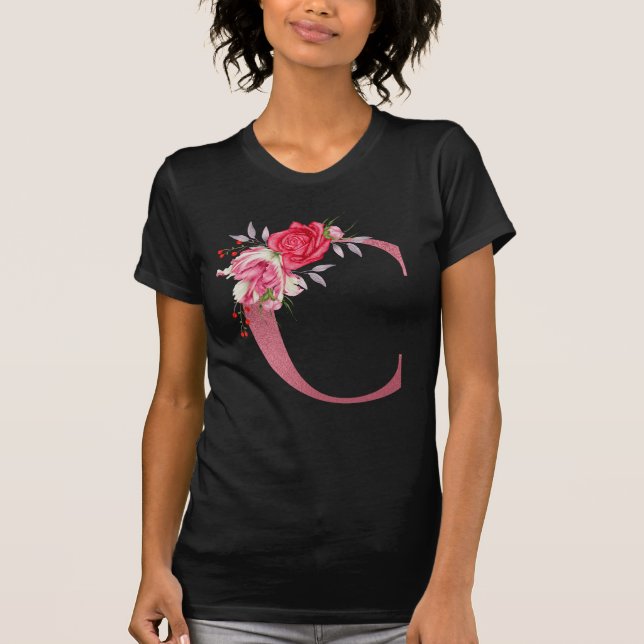 Camiseta Monograma Flores de Aquarela Rosa Dourado Alfabeto (Frente)