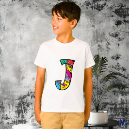Camiseta Monograma J Tribal e Doodle Coloroso e Divertido