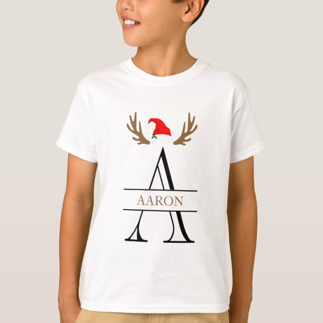 Camiseta Monograma - Letra A Nome do Natal Antlers Santa Ha (Frente)