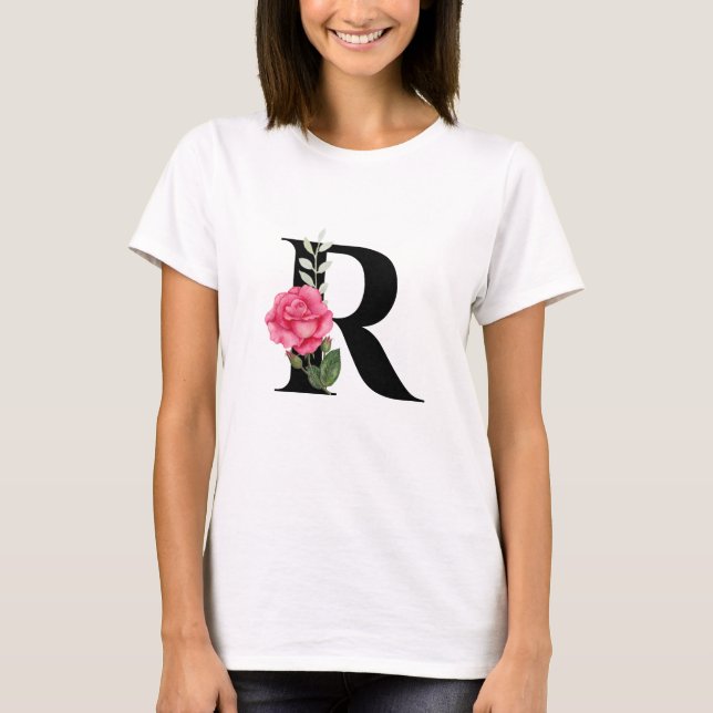 Camiseta Monograma - Letra Inicial R a Preto com Rosa Rosa  (Frente)