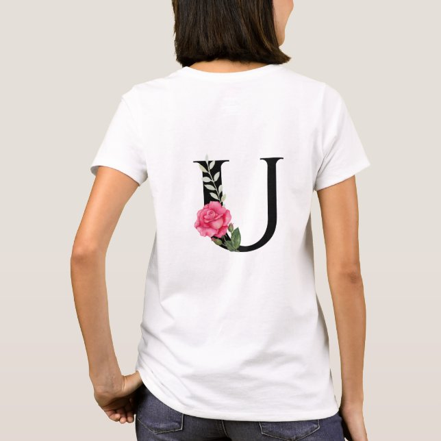 Camiseta Monograma - Letra inicial U a preto com rosa rosa  (Verso)