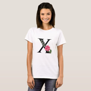 Camiseta Monograma - Letra inicial X a preto com rosa rosa