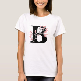 Camiseta Monograma Letra Única com Borrifos Florais Rosa