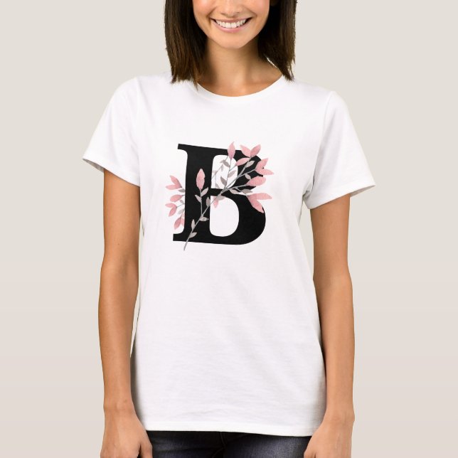 Camiseta Monograma Letra Única com Borrifos Florais Rosa (Frente)