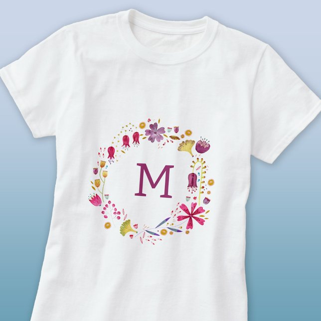 Camiseta Monograma Moderno Floral (Modern monogram initial personalized floral watercolor wildflower t-shirt)