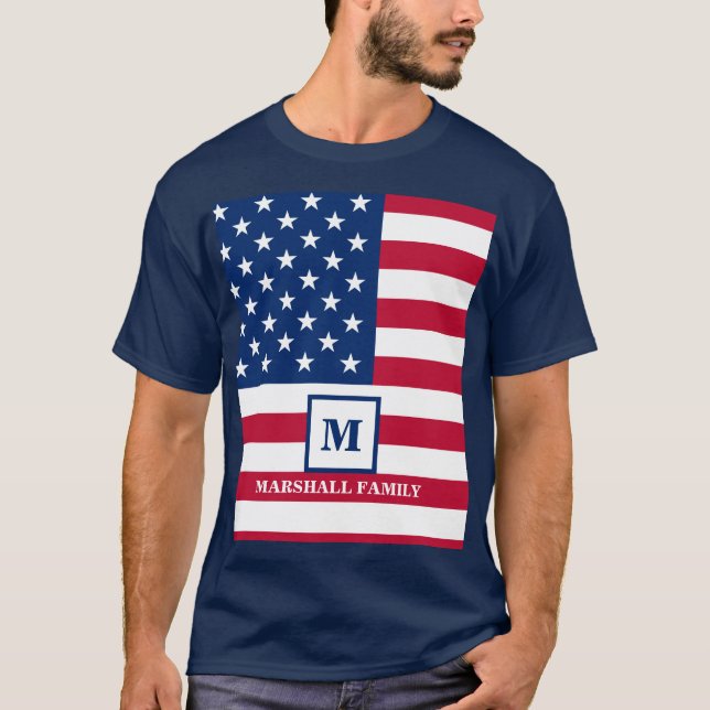 Camiseta Monograma Personalizado de Bandeira Americana 4 De (Frente)