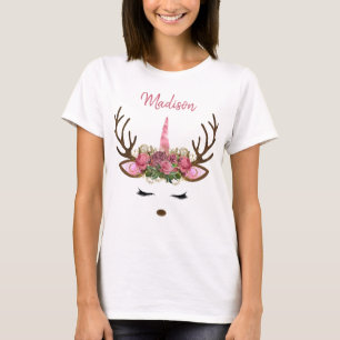 Camiseta Monograma Rosa e Dourado Reindedo Unicorn de Natal