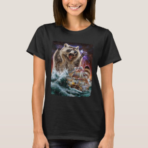 Camiseta Monster Raccoon Como Kraken Ataca Um Navio De Guer