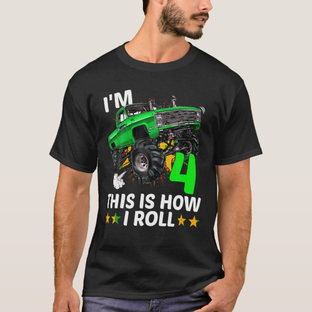 Camiseta Monster Truck 4th Birthday Boys I m 4 Isto é como (Frente)