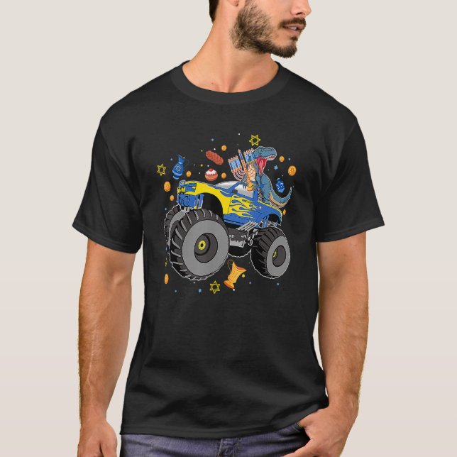 Camiseta Monster Truck Rex Dinosaur Happy Hanukkah Jewah B (Frente)
