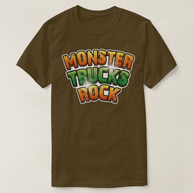 Camiseta Monster Trucks Rock - Texto do Rock Verde e Laranj (Frente do Design)
