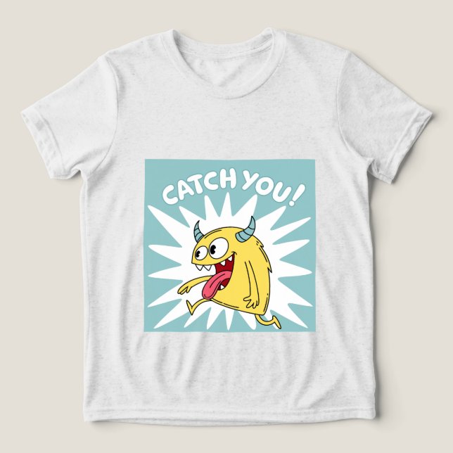 Camiseta Monstro Amarelo Cartoon em Execução - Pegue Você (Design frontal)