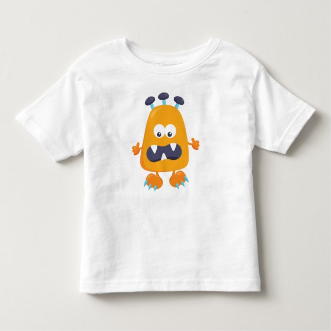 Camiseta Monstro Bonito, Monstro Laranja, Cornos, Monstro E (Frente)