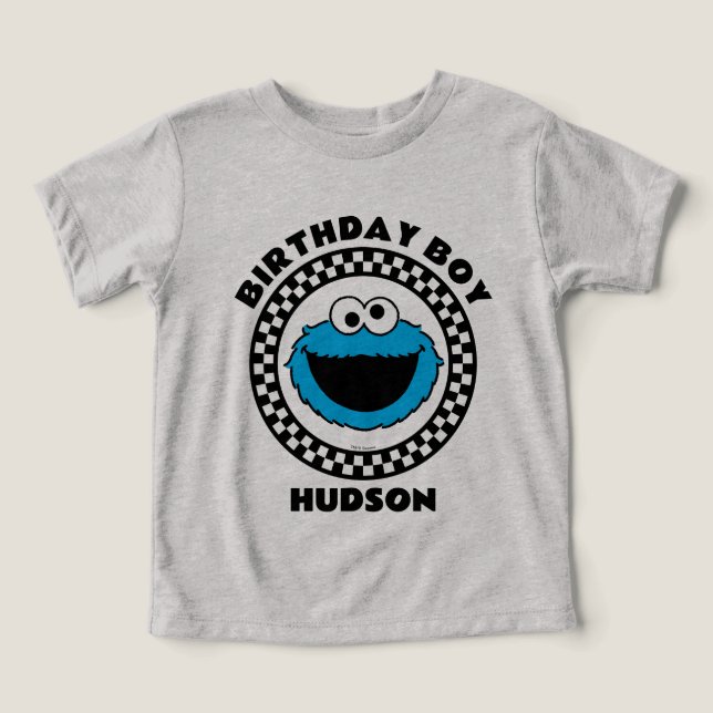Camiseta Monstro Come Biscoitos Xadrez Menino de Aniversári (Design frontal)