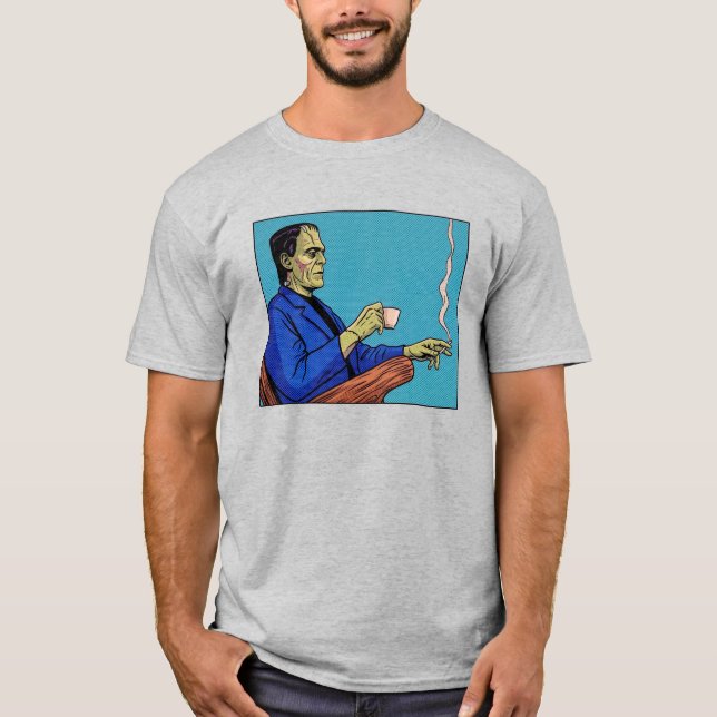 Camiseta Monstro de Frankenstein da Pop Art Bebendo Chá Pon (Frente)