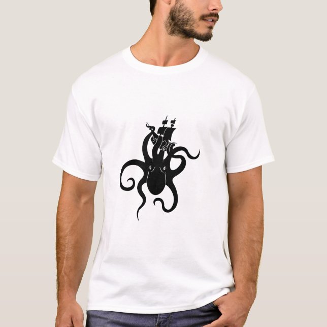 Camiseta Monstro do Mar Kraken Negro e Branco com navio (Frente)
