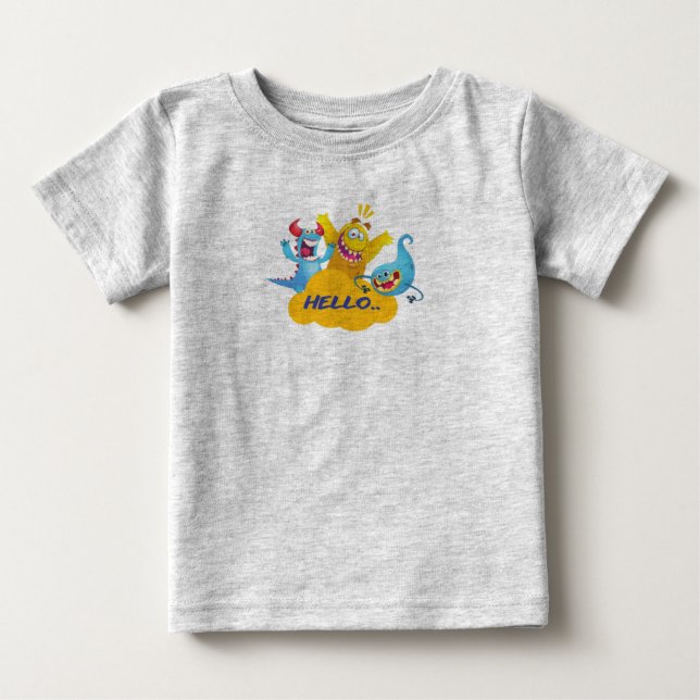 Camiseta monstro fofo diga olá (Frente)