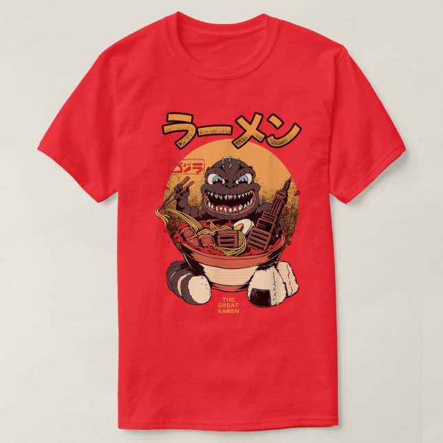 Camiseta Monstro Gelador de Kaiju, Cuja Comida comeu Ramen  (Frente do Design)