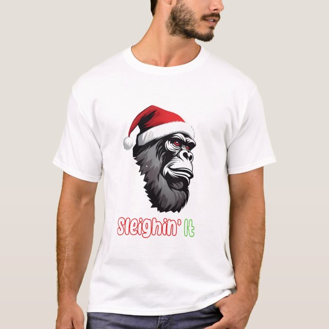 Camiseta Monstro Natal Gorilla Xmas Santa Hat (Frente)