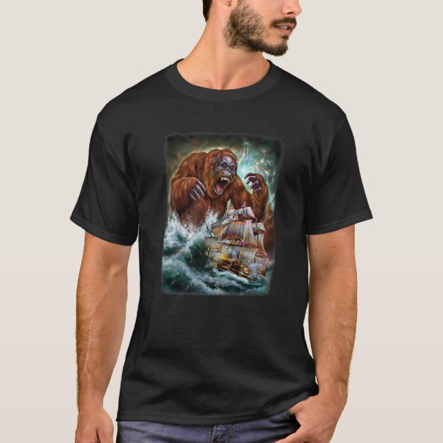 Camiseta Monstro Orangutan Como Kraken Ataca Um Navio De Gu (Frente)