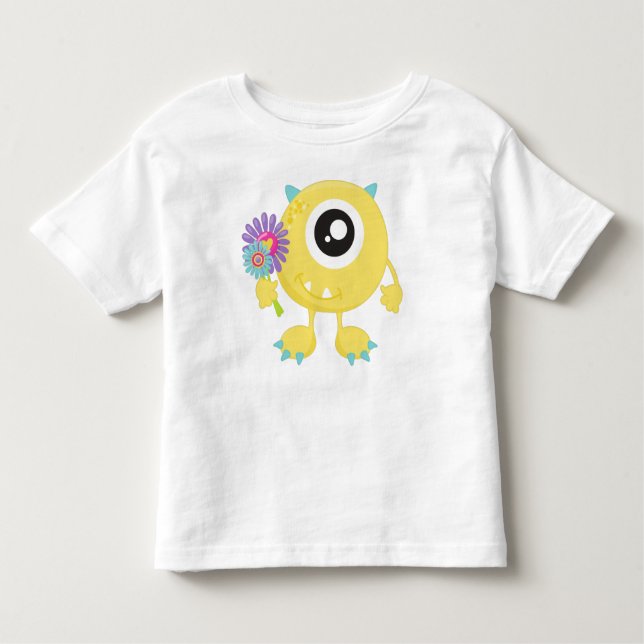 Camiseta Monstro primavera, Monstro Amarelo, Flores, Cornos (Frente)