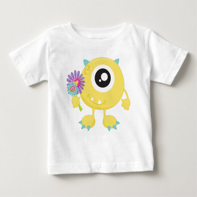 Camiseta Monstro primavera, Monstro Amarelo, Flores, Cornos (Frente)