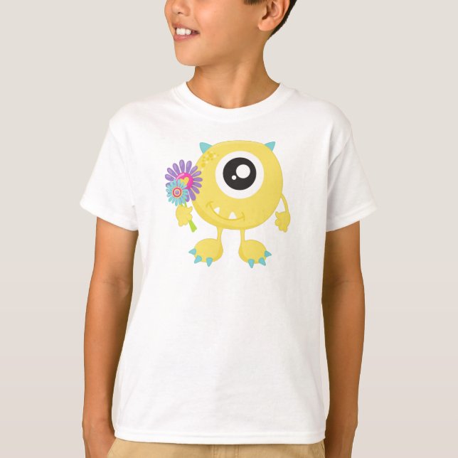 Camiseta Monstro primavera, Monstro Amarelo, Flores, Cornos (Frente)