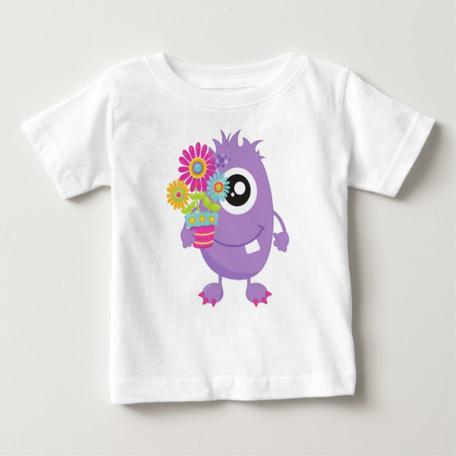 Camiseta Monstro primavera, Monstro Roxo, Flores Coloridas (Frente)