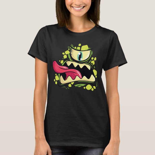 Camiseta Monstro Verde com um Olho e Língua de Halloween (Frente)