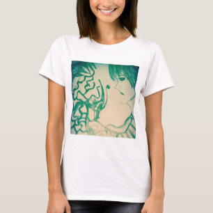 Camiseta monstro verde de manga de animação com cara triste