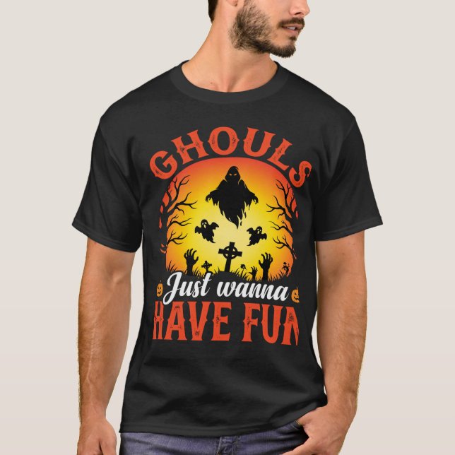 Camiseta Monstros de Halloween Só Querem se Divertir Design (Frente)