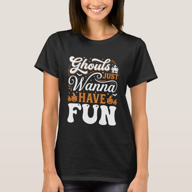 Camiseta Monstros de Halloween Só Querem se Divertir Design (Frente)